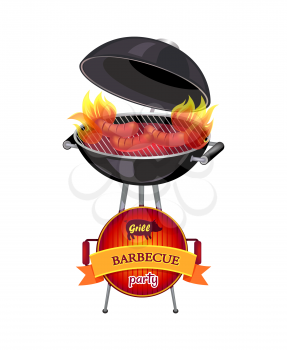 Grill barbecue party brazier with flames and fire. Cooking sausages on griddle of mangal, frying pan with pig. Pork meat cooking isolated vector