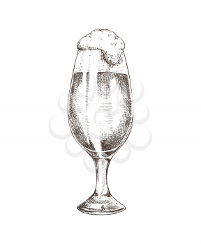 Glass filled with craft classic beer and foam. Monochrome sketch outline in black and white. Alcoholic drink traditional serving vector illustration