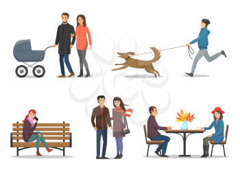 Autumn season activities of people isolated set vector. Family couple with pram and newborn child, boy walking dog. Man and woman drinking coffee