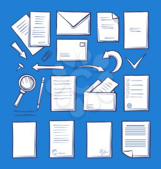 Office paper and magnifying glass isolated icons vector. Pages and correspondence mailing signs. Arrows and indicators, paperclip and writing pencil