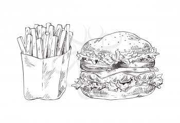 French fries and hamburger vector illustration, graphic art of fast food, big american burger with fresh lettuce, sliced tomatoes and onions, cheese