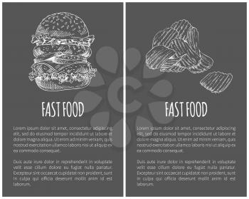 Fast food chips fried potato and hamburger. Bun with meat tomatoes and salad leaves American dish. Posters set monochrome sketches outline vector