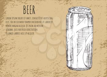 Beer alcoholic drink monochrome sketch outline. Poster with headline and text sample about beverage in aluminum can closed bottle vector illustration