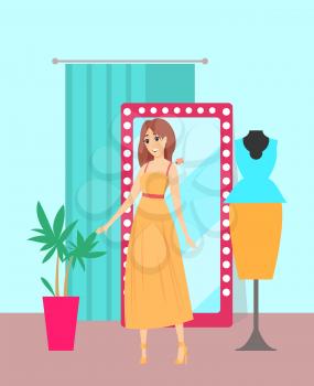Female shopaholic wearing dress in store vector. Shop with mirror and changing room, plant interior decoration. Mannequin with blouse and skirt suit