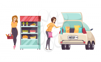 Shopping females by beauty stand isolated set vector. Woman putting stuff bags into big car to transport to home. Cosmetics and makeup production