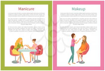 Makeup visagiste working with clients face using brush. Manicure manicurist polishing nails vector posters with text sample. Nail polishing and brushing face