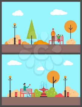 Man with little girl in autumnal park relaxing, father daughter on bench vector. Person holding bird on hand, fountain and trees, lanterns exterior
