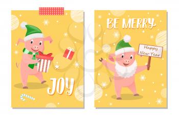 Wishes greeting with smiling piggy in green hat and Santa beard holding card wishes happy new year. Pig in scarf with gift box near sweet vector postcard