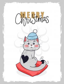 Merry Christmas cat in warm winter hat. Kitten with black heart on back sitting on pillow. Happy New Year postcard, lettering with snowflakes, vector