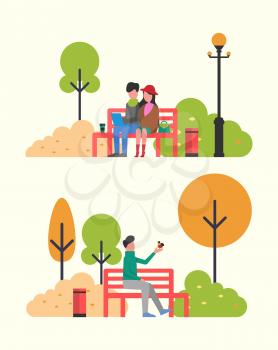 Couple sitting in autumn park on bench with notebook. Man feeding bird from hand, vector fall season weather and cartoon characters, people outdoors