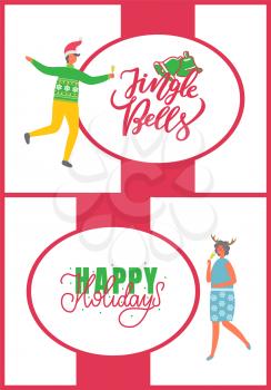 Jingle bells and Happy holidays greeting cards and people. Party celebration with colleagues, vector. Man with glass of champagne, woman in deer horns