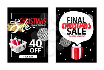 Sale on Christmas holiday, leaflet with info about discounts up to 40 percent off, shop now button. Shopping cart with gift, frame, dots and splashes