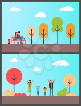 Family in autumn park, couple of freelancers on bench vector. Nature with trees and bushes, people in natural surroundings working projects on laptop
