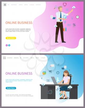 Online business, businesswoman sitting in office vector. Lady with laptop searching for data, shopping cart and globe icons, charts and mail messages