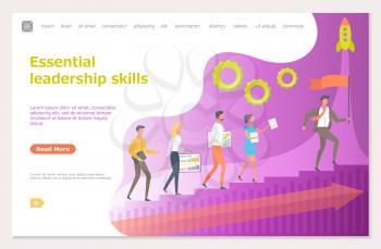 Essential leadership skills, leader with workers vector. Boss leading people, rocket symbolizing startup and innovative ideas of company director