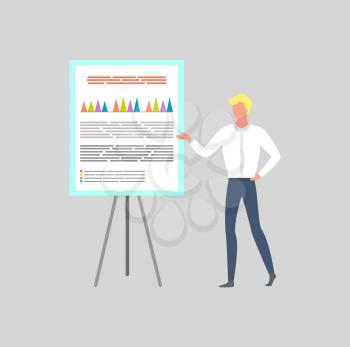 Reporter pointing on graphs and charts presenting report. Businessman analyzing sales and investments of company. Worker planning professional strategy vector