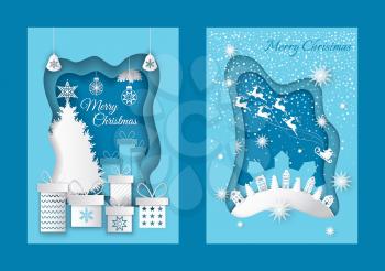 Merry Christmas greeting postcards with houses and spruces on hill, Santa and deer riding in sky. Vector spruce tree, wrapped gift present boxes on blue cards