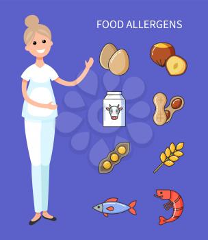 Food allergens, doctor showing organic products causing diseases vector. Nut and cow milk in box, wheat and beans, fish and shrimp, beans and eggs