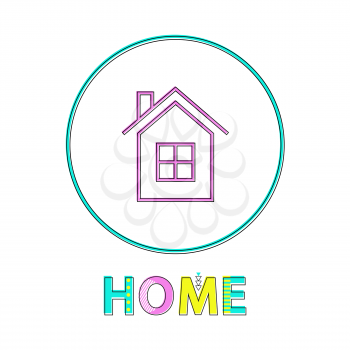 Home page bright linear round icon thin outline. House symbol in circle sensor button template, turn to start screen, cartoon vector illustration.