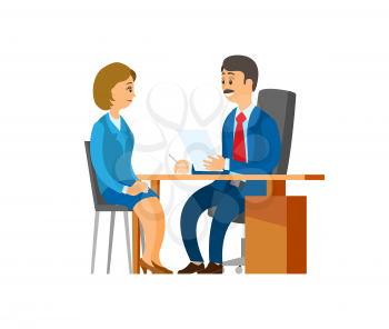 Boss of company, hiring new woman worker at office vector. Chef executive sitting in chair interviewing lady, director reading cv resume of candidate