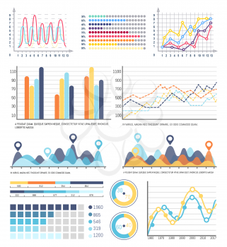 Diagram and infographics with segments and explanation vector. Scheme with design, presentation with visualized business concepts. Statistics design