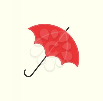 Red umbrella isolated on white. Vector open parasol icon, protection from rain autumn accessory with handle, protect from rainy weather, water resistant