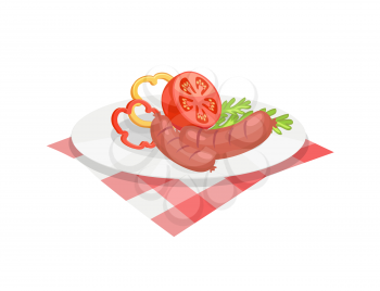 BBQ set, sausage for barbecue on plate, cartoon isolated vector icon. Grilled frankfurter with sliced tomato, pepper and herbs in dish on tablecloth