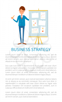 Business strategy poster, businessman at seminar making presentation, plan on board vector. Chief executive, boss with charts and diagrams, text sample