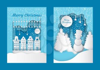 Merry Christmas cut out greeting card with city buildings. Winter landscape, snowman on hill in hat, forest with white spruces, snowfall vector papercut