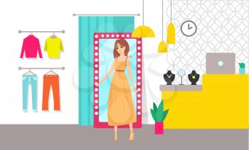 Shopping woman trying dress in clothes store vector. Shop with sweaters and trousers jeans accessories and jewelry. Counter with computer and necklace