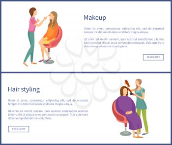 Makeup and visage hair styling, set of posters with text sample vector. Working people, visagiste and stylist professional specialists with clients