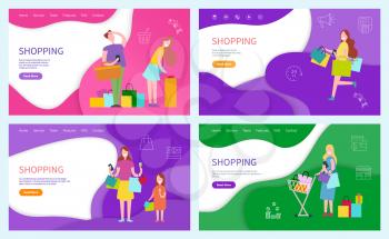 Shopping people, couple woman and tired annoyed man set of posters vector. Family spending time together, mother carrying plastic bags, purchases