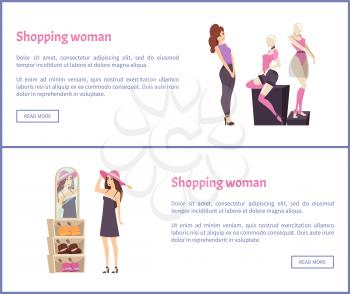 Shopping woman looks at mannequins in sexy shirts and skirts, trying on stylish headwear hats in store vector web posters. Underwear and hats sale