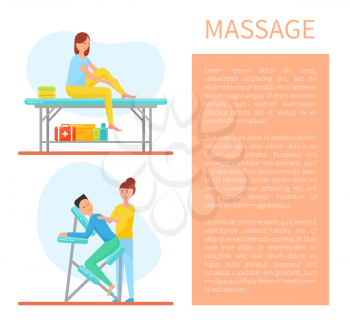 Massage of back and self care treatment method set vector. poster with text sample and working people, massages with clients doing work with oils