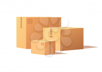 Carton packs vector delivery icons. Pile of parcel boxes, stacked sealed goods in cardboard. Realistic packages with adhesive tape isolated on white.