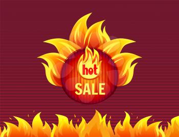 Hot sale round badge with promo offer, burning fire flame. Vector illustration label with heat sign isolated icon layout for price tag clearance info