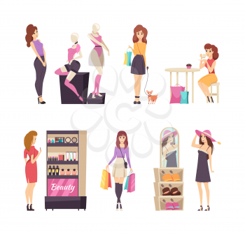 Beauty stand with cosmetics and shopping set vector. Ladies wearing hats and looking at underwear placed on mannequin. Customer with bags walking dog