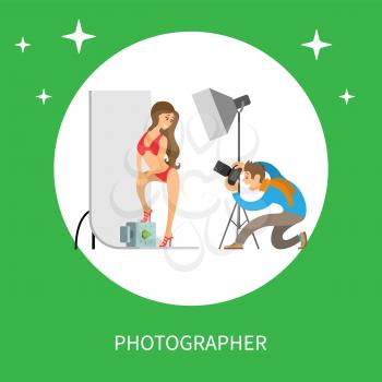 Photographer and model in swimsuit at photo studio. Man holding camera making shots of woman wearing red underwear with stilettos vector isolated in circle