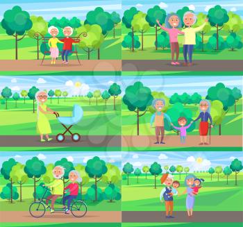Mature people together grandparents sit on bench, walk with newborn boy, play with kids and ride bike on background of green trees in park set of vectors.