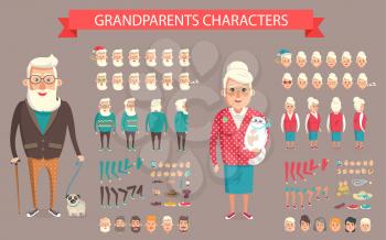 Grandparents constructor vector illustration. Create your own grandmother with pussy cat or grandfather with dog from parts of body, faces and hairstyle