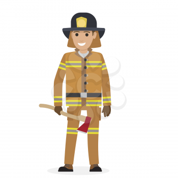 Cheerful firefighter in protective suit and black hat holding ax with red head close-up vector illustration on white background