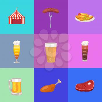 Set of images concerning oktoberfest vector illustration including a red tent, sausage on fork, glass of bright and dark beer, meat and ham.