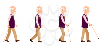 Aged person with cane long thin stick with curved handle that can be use to help walk. Man process of movement colorful vector illustration