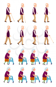 Old people banner with grandpa holding walking stick and grandma with helping walkers process of movement vector illustrations set isolated on white.