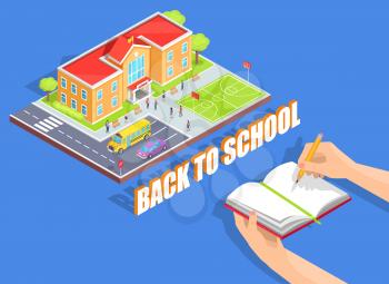 Back to school isolated vector illustration on blue. Cartoon style educational institution and notebook held in left hand with pencil in right one