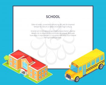 School light orange two-storey educational institution with green tree and yellow public bus nearby vector illustration isolated with place for text
