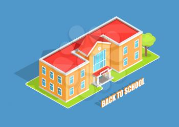 Back to school isolated 3d vector illustration with inscription on blue background. Cartoon style light orange two-storey educational institution