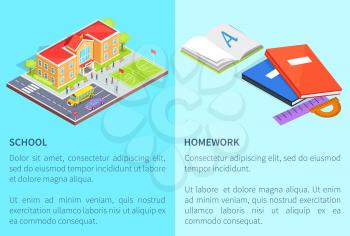 Back to school education posters with isolated 3d vector of building, textbooks and stationery equipment. Cartoon style educational institution