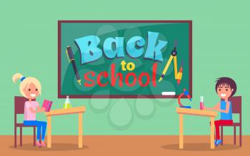 Back to school poster with inscription written on blackboard and stationery objects as compass divider with pencil and pen in classroom with kids