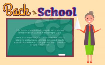 Back to school poster geometry lesson with teacher standing with pointer near blackboard where can be placed text vector illustration